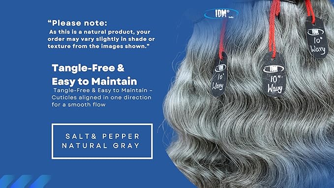 Salt & Pepper/Natural Gray-100% Natural Indian Virgin Raw Hair Extensions.Natural color unprocessed and not treated with any kind of chemicals (10" Wavy Salt & Pepper)