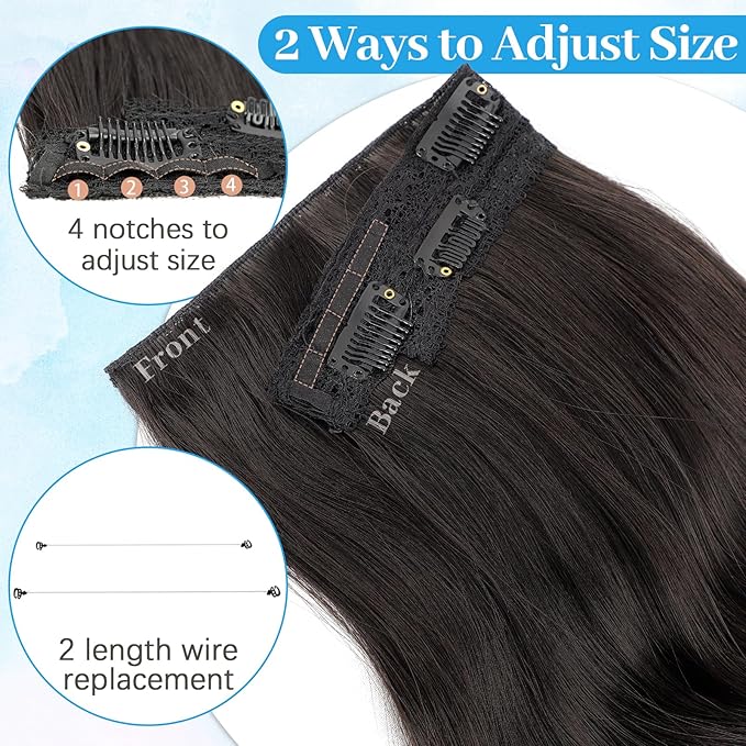 KooKaStyle Invisible Wire Hair Extensions 24‘’ Long Wavy Layered Synthetic Clip in Hair Extensions with Transparent Wire Adjustable Size 6 Secure Clips Dark Brown Thick Hairpieces for Women 24Inch