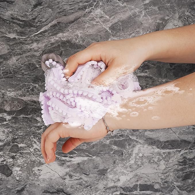 Loofah, Shower Bath Spong, Soft Shower Loofahs Balls, Globose lace Shower Ball, for Body Wash Scrubber Cleaning Loofah Bathroom Accessories (2Pcs) (Purple)