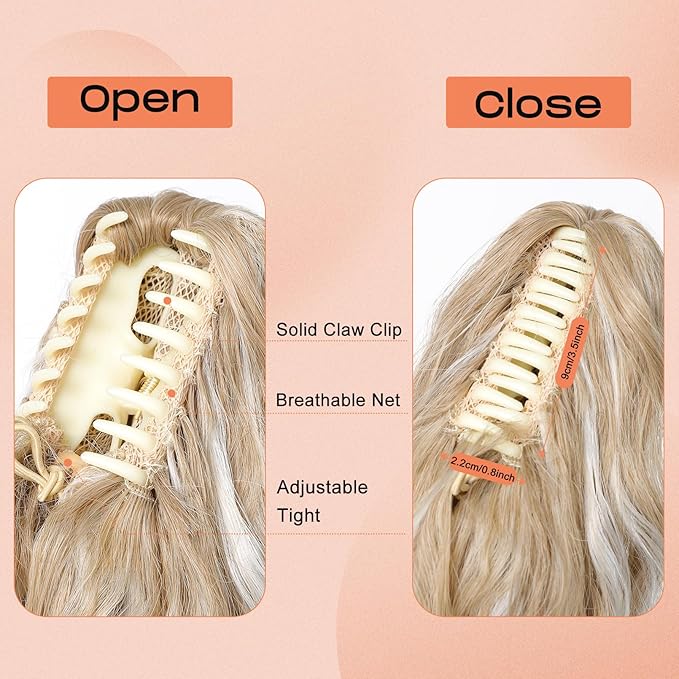 SEIKEA Ponytail Extension, 24" Fluffy Long Wavy Curly Claw Clip Hair Extensions Ponytail Multi-layered Clip in Fake Pony Tails Natural Soft Synthetic Hairpiece Ash Blonde White Blonde Highlights