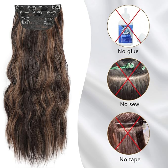 Highlight Clip In Hair Extensions 24 inch Dark Brown for Women Synthetic Clip in Long Wavy Hair Extension Double Weft Hairpieces Full Head For Women (24INCH, H2/426)