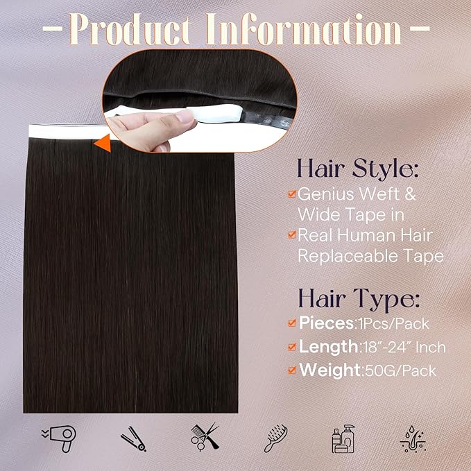 Full Shine Tape in Hair Extensions Human Hair Color 2 Dark Brown Wide Long Genius Weft Tape in Hair Extensions 18Inch One Piece Seamless Invisible Extension 50G for Women Add Volume for A Full Head