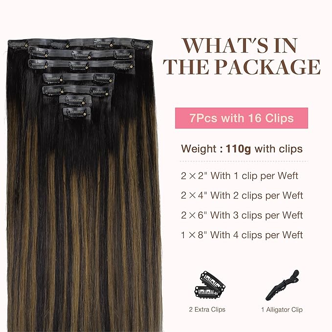 GOO GOO Clip in Hair Extensions Real Human Hair, Remy Human Hair Extensions Clip ins for Women, Natural Human Hair, 24inch 140g 7Pcs, #1B/6/1B Balayage Natural Black to Chestnut Brown