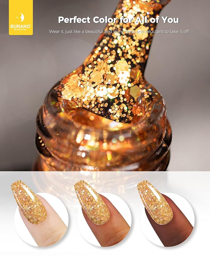 BURANO Glitter Gel Nail Polish, LED UV Holographic Effect, No Chip Home DIY Salon (Gold LP40)