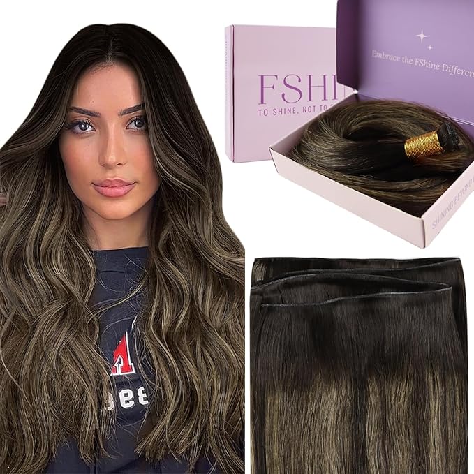 Fshine Hand Tied Genius Weft Hair Extensions Brown Balayage Human Hair 22in Sew in Extensions Dark Brown to Light Brown and Medium Full Head 60 Grams