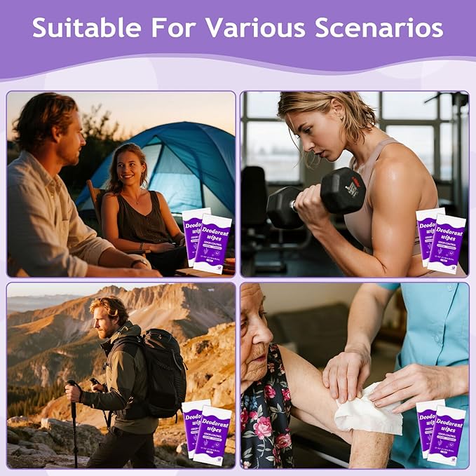 Travel Deodorant Body Shower Wipes Deodorizing Bathing Wipes, Disposable No Rinse Adults Women Men Individually Wrapped Underarm Sweat Antiperspirant Bath Wipe for Travel Camping Gym (Purple,200 Pack)