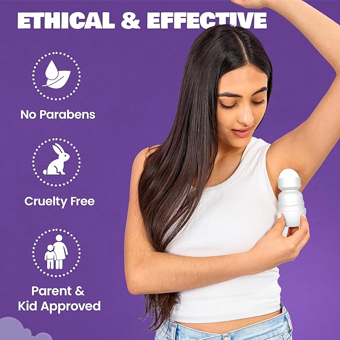 Fresh Kidz Roll On Deodorant for Kids and Teens - Baking Soda and Aluminum-free 24 Hour Protection for Sensitive Skin - Girls "Purple" 1.86 fl.oz.