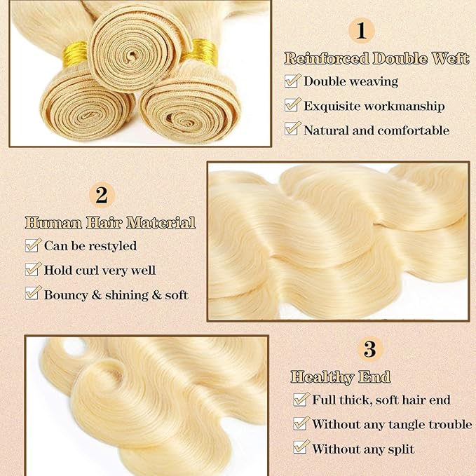 613 Blonde Bundles Human Hair Body Wave 22 22 22 inch 100% Unprocessed Brazilian Virgin Human Hair 3 Bundles 12A Quick Weave Hair Extensions Double Weft