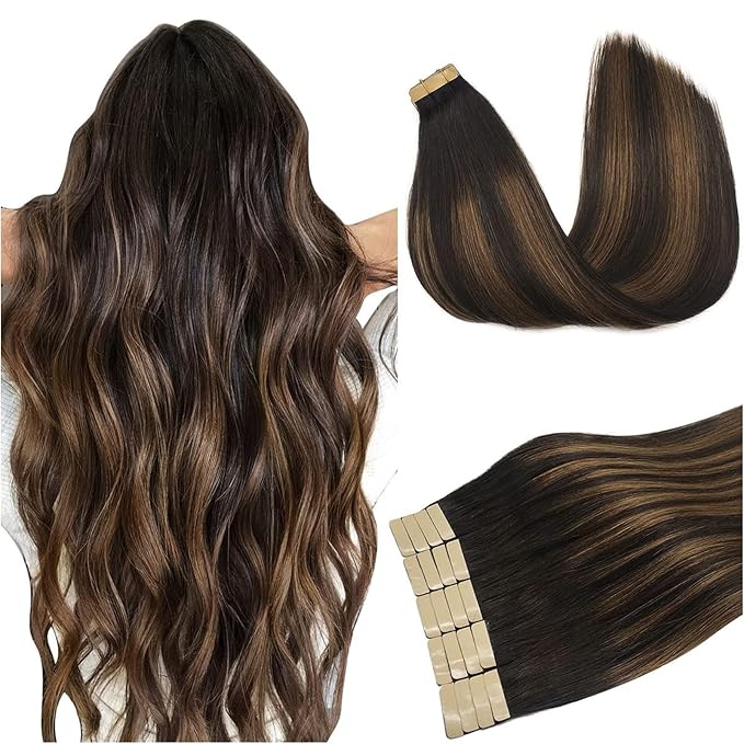 DOORES Tape in Hair Extensions Human Remy Long, 28 Inch 60g 20pcs Dark Brown to Chestnut Brown, Natural Human Long Tape in Extensions Natural Remy Straight Hair Thick Ends