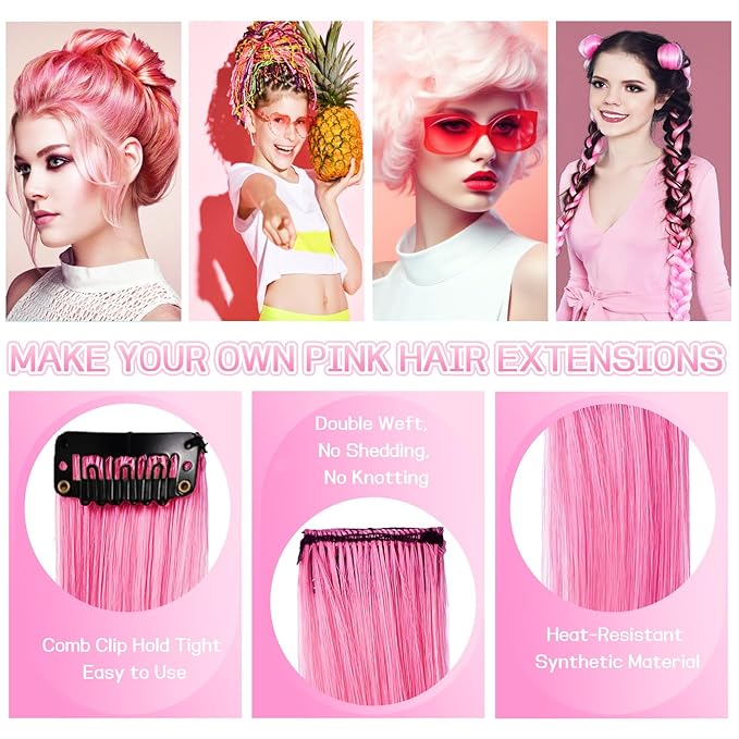 12 PCS Pink Hair Extensions Clip in, 22" Colored Highlights, Synthetic Straight Hair Piece DIY Accessories for Daily Party