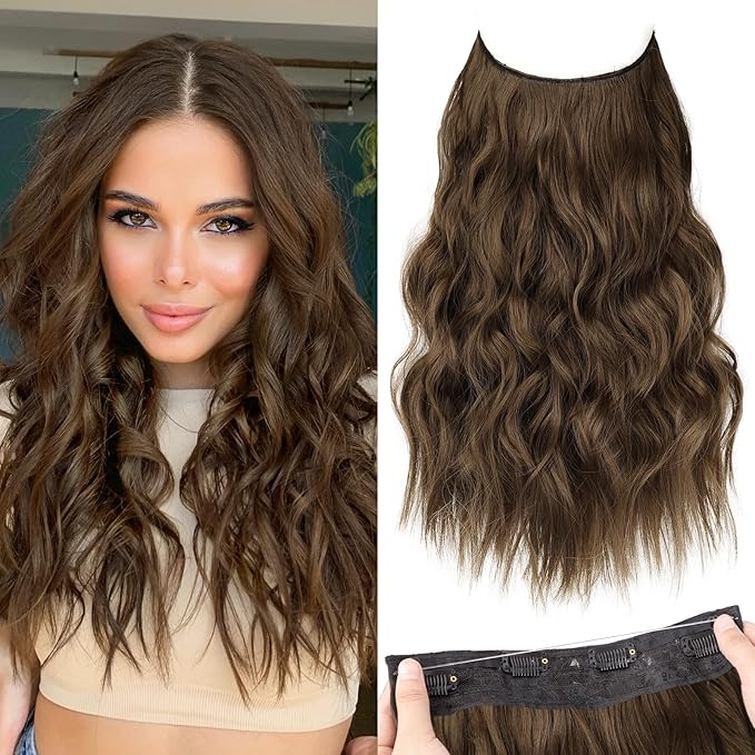 KooKaStyle Invisible Wire Hair Extensions with Transparent Headband Adjustable Size 4 Secure Clips Long Wavy Secret Wire Hairpiece for Women (16 Inch, Chestnut Brown)