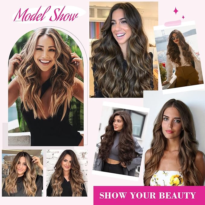 REECHO 20" 1-pack 3/4 Full Head Curly Wave Clips in on Synthetic Hair Extensions HE008 Hair pieces for Women 5 Clips 4.5 Oz Per Piece - Dark Reddish Brown