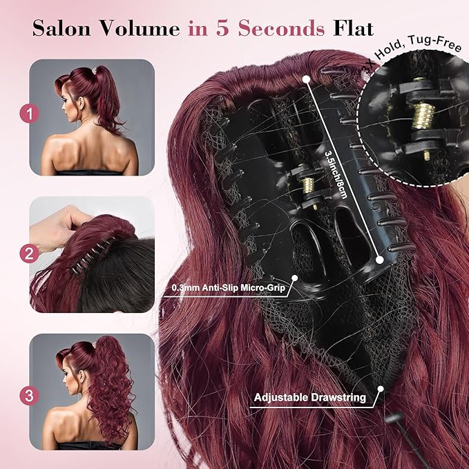QGZ 20" Wavy Ponytail Extension, Claw Clip Ponytail Hair Extension, Natural Synthetic Hairpiece for Women Daily Use(Burgundy)