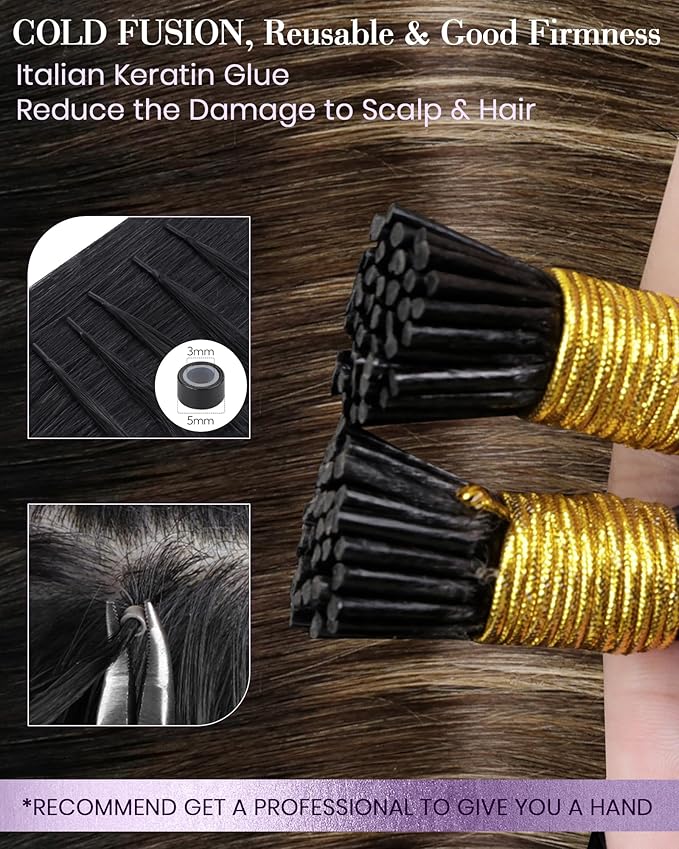 LaaVoo I Tip Hair Extensions Human Hair Natural Black Balayage Medium Brown Ombre Caramel Brown Itip Human Hair Extensions Soft Straight Itips Hair Extensions Human Hair 22in 1g/1s 50g/pack