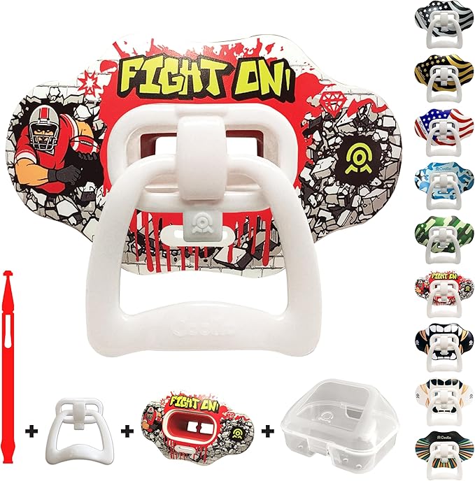 Football Mouth Guard Lip Guard 2-in-1 Transformer Pacifier Football Sports Lip Protector for Adults & Youth USA Flag & Fangs Mouthpiece (Case Included)