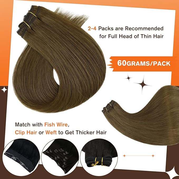 Full Shine Invisible Clip in Hair Extensions Human Hair Medium Brown 18 Inch Brown Remy Human Hair Extension Clip ins Silky Natural Hair 60 Grams 3 PCS
