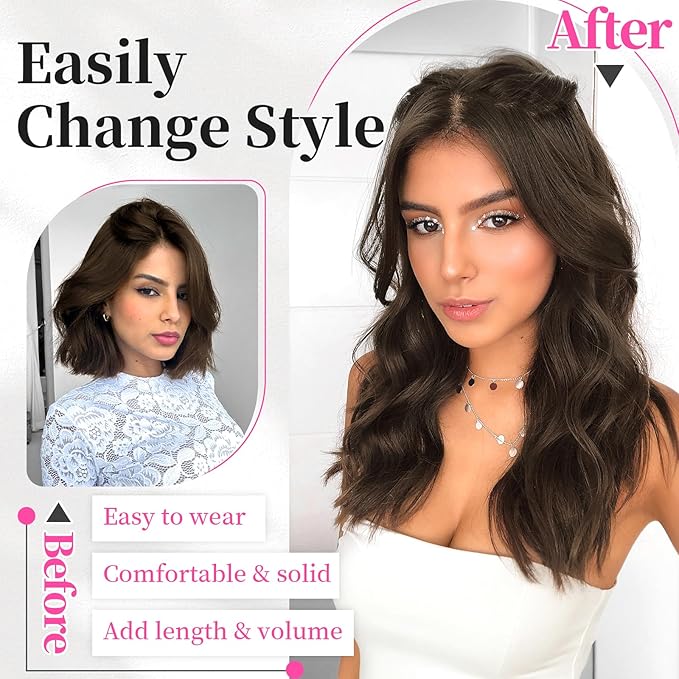 KooKaStyle Short Hair Extensions 6PCS 14 Inch Wavy Curly Hairpieces Synthetic Soft Lace Weft Clip in Hair Extensions-Chestnut Brown for Women
