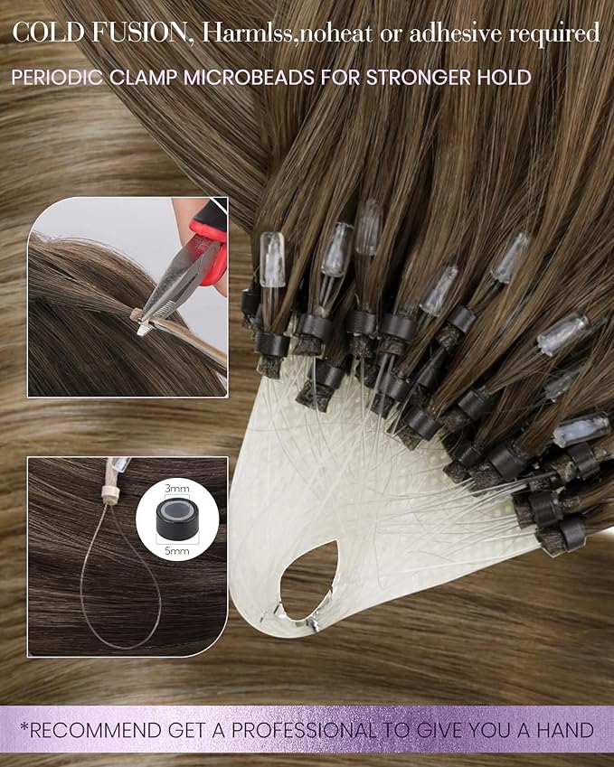 LaaVoo Micro Link Hair Extensions Human Hair Balayage Light Brown Ombre Golden Brown Mix Brown Micro Ring Hair Extensions 14 inch 50g/50s