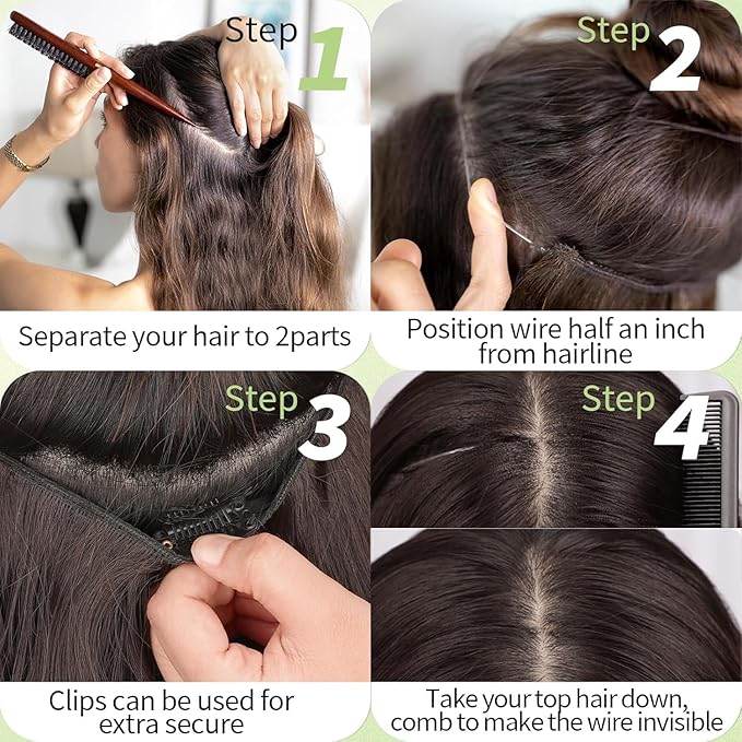 KooKaStyle Invisible Wire Hair Extensions with Transparent Wire Headband Adjustable Size 4 Secure Clips Long Wavy Hairpiece for Women (16 inch, Balayage Chocolate Brown to Caramel Blonde)