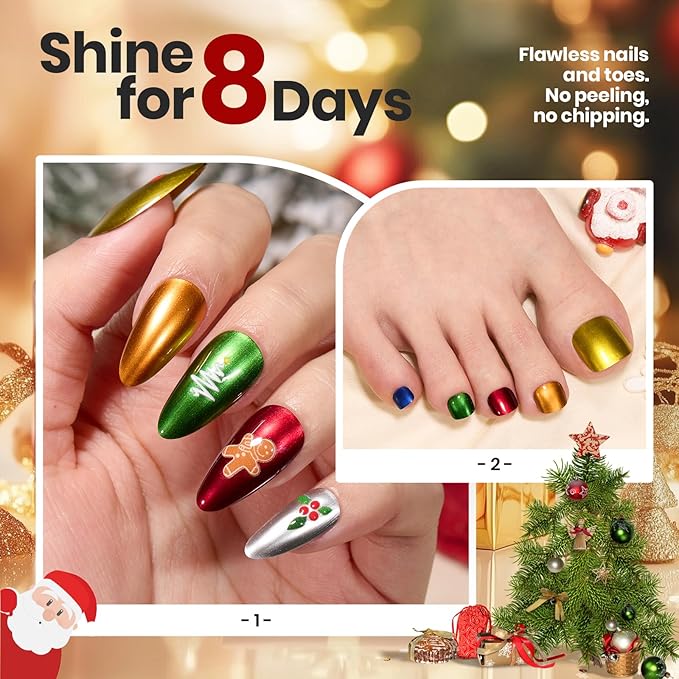 Beetles Chrome Metallic Nail Polish Set - Jingle Jewels 6 Colors Quick-Drying Glossy Mirror Nail Polish Shiny Chrome Effect Fingernail Polish DIY Nail Art Christmas Gift for Women Salon Home