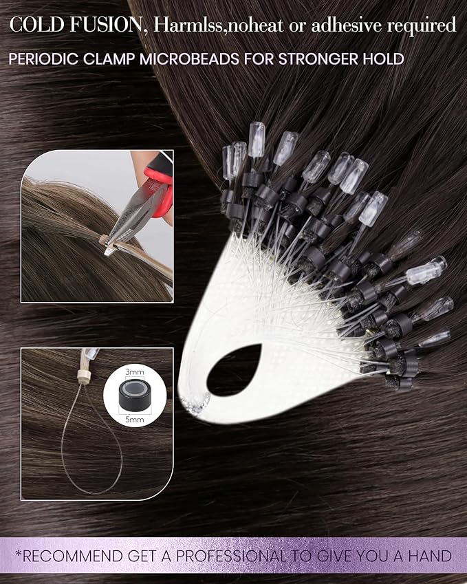 LaaVoo Micro Loop Hair Extensions Real Human Hair Dark Brown Micro Bead Hair Extensions Real Human Hair Brown 14 Inch 1g/Strand 50g