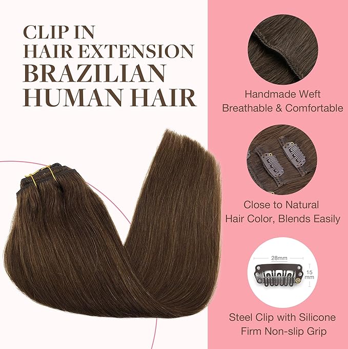 GOO GOO Clip in Hair Extensions Real Human Hair, Remy Human Hair Extensions Clip ins for Women, Natural Human Hair, 26inch 180g 7Pcs, #4A Chocolate Brown