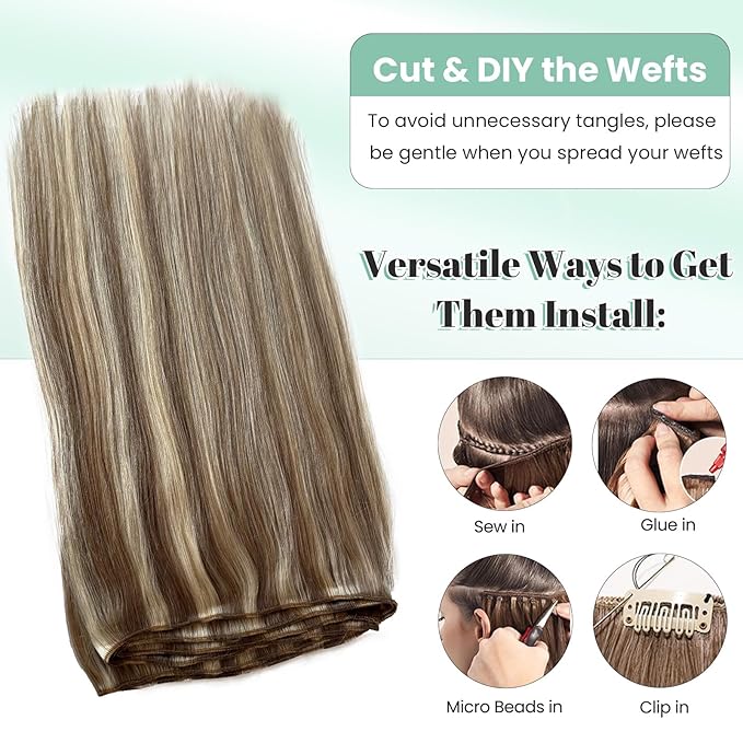 Platinum Blonde Hair Extensions Ash Brown Hair Bundles with Highlights Sew in Human Hair Extensions for Women 16 Inch 100G Full Head Ash Brown and Platinum Blonde Real Human Hair Wefts Hand Tied