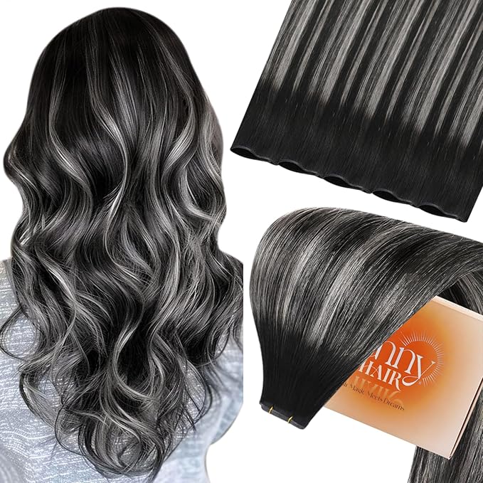 Sunny Hair Genius Weft Extensions Human Hair Sew In Extensions Ombre Genius Weft Hair Extensions Hand Tied Sew in Human Hair Extensions Black Ombre Silver Grey 18 Inch 60G