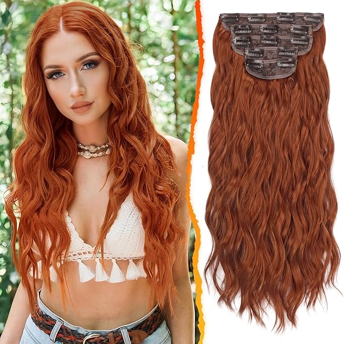 BARSDAR 20 Inch Wavy Clip in Hair Extensions – 5PCS Thick Soft Synthetic Hairpieces – Copper Red Full Head Clip in Hair Extensions for Women – Long Voluminous Easy Wear for Daily Party Halloween