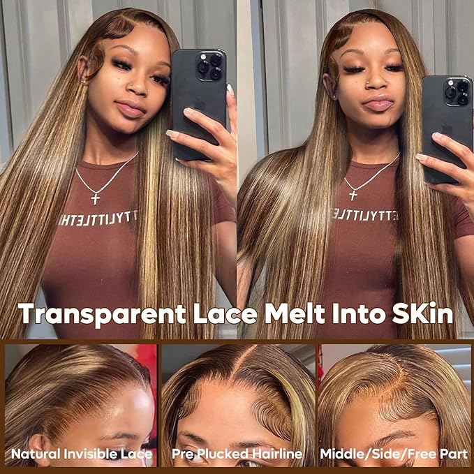 AMIRTY Honey Blonde Wig Human Hair 200% Density Straight HD Lace Front Wigs Human Hair Pre Plucked Ombre 13X6 Lace Front Wig for Women With Baby Hair26Inch