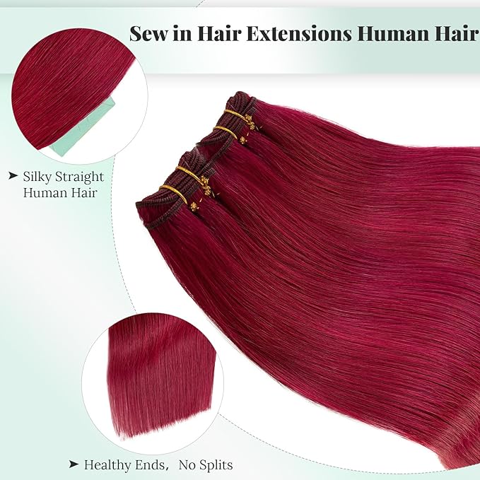 Sew in Hair Extensions Human Hair Burgundy Straight 18 Inch 100G Double Weft Human Hair Weft Hair Bundles Sew in Hand Tied Extensions Burgundy Wine Red Real Human Hair Weave for Women