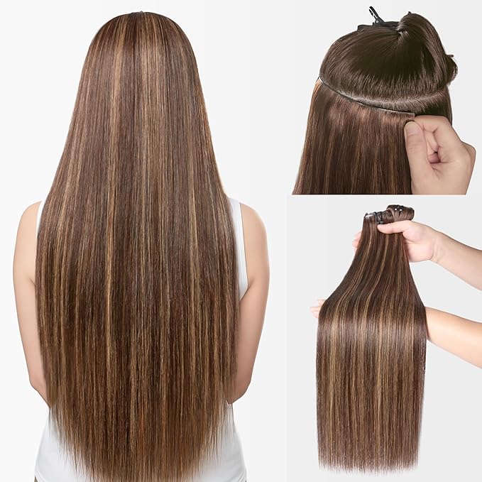 LUVME Invisible Clip in Hair Extensions Real Human Hair, 24 inch 110g 6Pcs, Natural Brown Highlights Human Hair Extensions Clip ins for Women, Natural Seamless Straight Human Hair