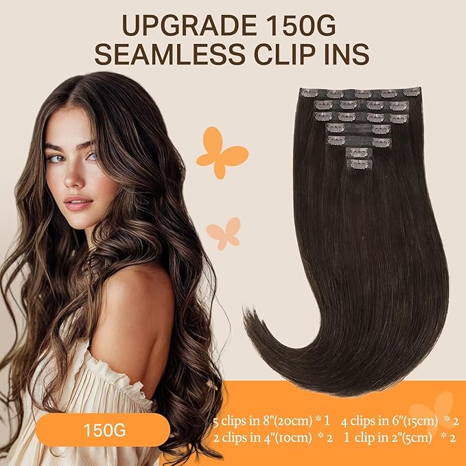 DOORES Seamless Clip in Remy Human Hair Extensions, Light Dark Brown 160g 7pcs 24 Inch, Straight Thick Natural Invisi Edge Hair Extensions