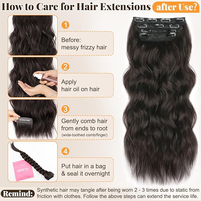 ALXNAN Clip in Long Wavy Synthetic Hair Extension 4PCS 24 Inch Dark Brown Thick Hairpieces Fiber Double Weft Hair for Women