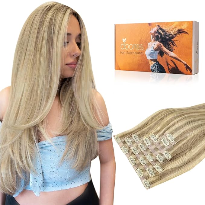 DOORES Human Hair Extensions Seamless Clip in, Light Blonde Highlighted Golden Blonde 150g 7pcs 20 Inch, Virgin Human Hair Clip in Extensions