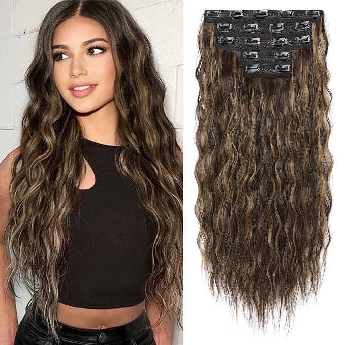 Clip in Hair Extensions, REECHO 5PCS Brown Hair Extensions 24" Thick Long Loose Waves hair extensions HE002 Invisible Lace Weft Natural Soft Hairpieces for Women – Dark Brown with Highlights
