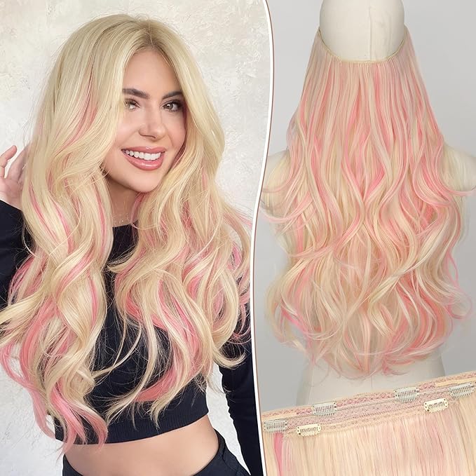 KooKaStyle Invisible Wire Hair Extensions 20"Long Wavy Layered Synthetic Clip in with Transparent Wire Adjustable Size 6 Secure Clips Blonde with Pink Highlights Thick Hairpieces for Women 20 Inch
