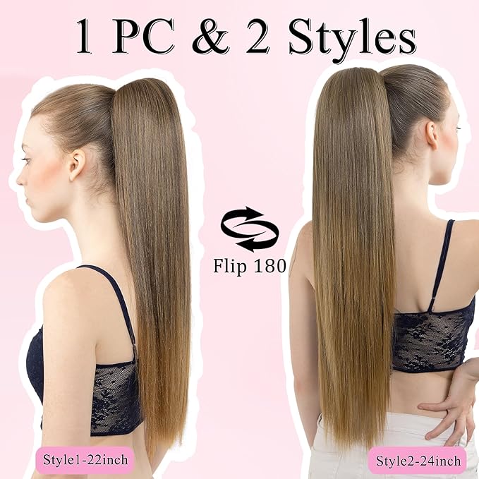 Ponytail Extension, 24" Long Straight Claw Clip Ponytail Extension clip on ponytails hair clip Hair claw clip Fake Ponytail Hairpieces for Women – Dark Brown with Golden Blonde End