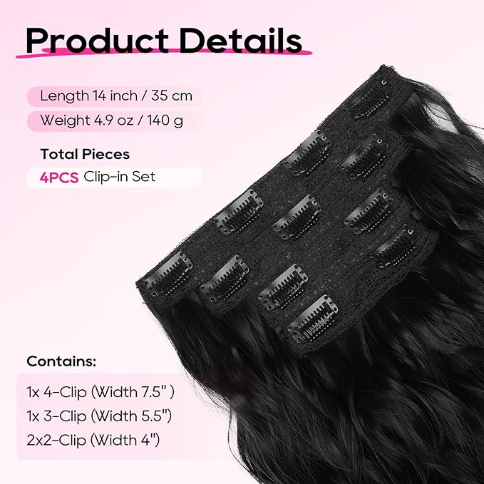 REECHO Clip in Hair Extensions, 4PCS Hair Extensions 14" Short Wavy Invisible Lace Weft Natural Soft Hairpieces for Women – Black