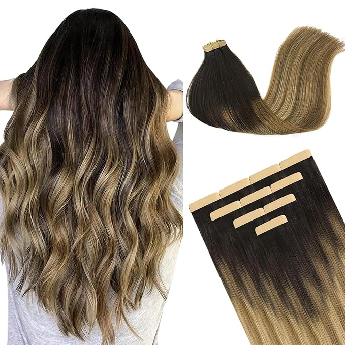 DOORES Human Hair Extensions, Balayage Dark Brown to Chestnut Brown and Dirty Blonde 10pcs 22 Inch 30g, Tape in Hair Extensions Straight Skin Weft Long Hair