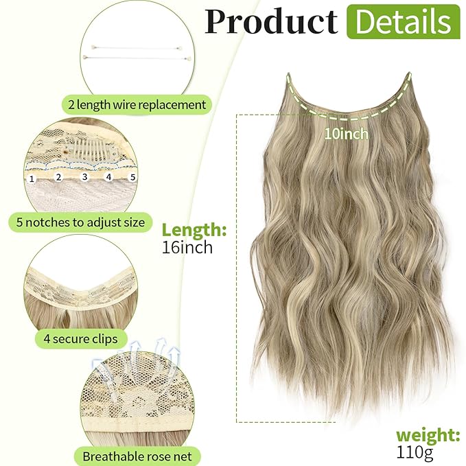 KooKaStyle Invisible Wire Hair Extensions with Transparent Headband Adjustable Size 4 Secure Clips Long Wavy Secret Wire Hairpiece 16 Inch 9H60A#Ash Brown mix Platinum Blonde for Women