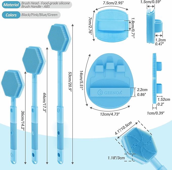 Silicone Back/Face Scrubber & Bath Glove Set 3PCS, Extendable Back Scrubber with Dual-Side Large Head, 360° Anti-Slip Bath Glove, Unique Side-Bristle Face Scrubber for All-Round Cleaning(Blue)