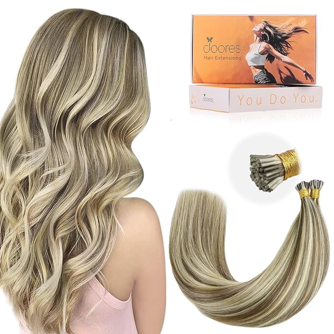 DOORES Itip Human Hair Extensions,16 Inch 100g 200s Itip Human Hair Extensions,Light Brown Highlighted Medium Blonde I Tip Hair Extensions,Cold Fusion Itip Remy Hair Extensions