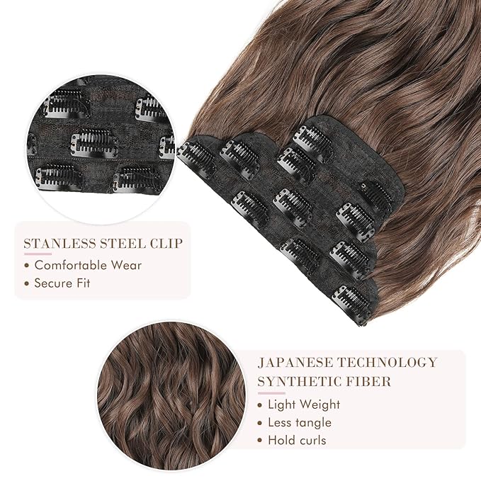REECHO Hair Extensions, 4PCS Clip in Hair Extensions HE001 Natural Soft Synthetic Hairpiaeces for Women, Light Brown