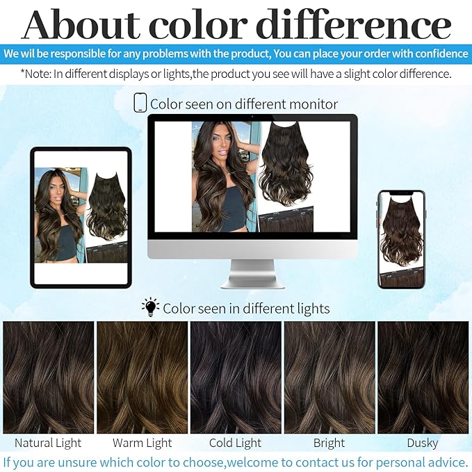 KooKaStyle Invisible Wire Hair Extensions 20"Long Wavy Layered Synthetic Clip in with Transparent Wire Adjustable Size 6 Secure Clips Dark Walnut Brown Thick Hairpieces for Women 20 Inch