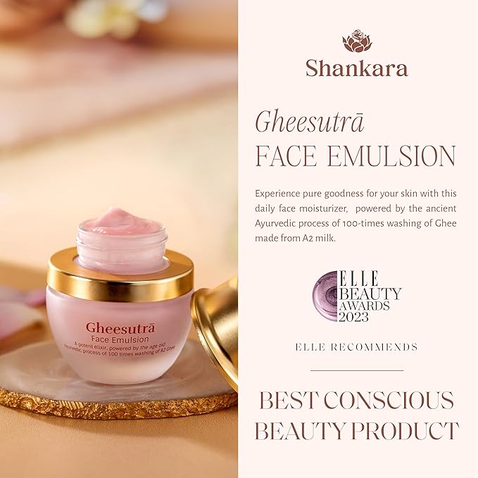 Shankara Gheesutra Face Emulsion with 100X Washed A2 Ghee, Hibiscus, and Vitamin C – Daily Facial Moisturizer for Skin Firming, Toning, and Hydration – Ayurvedic Skin Care for All Skin Types