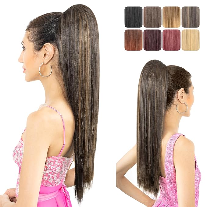 Ponytail Extension, 24" Long Straight Claw Clip Ponytail Extension clip on ponytails hair clip Hair claw clip Fake Ponytail Hairpieces for Women - Dark Brown with Blonde HL