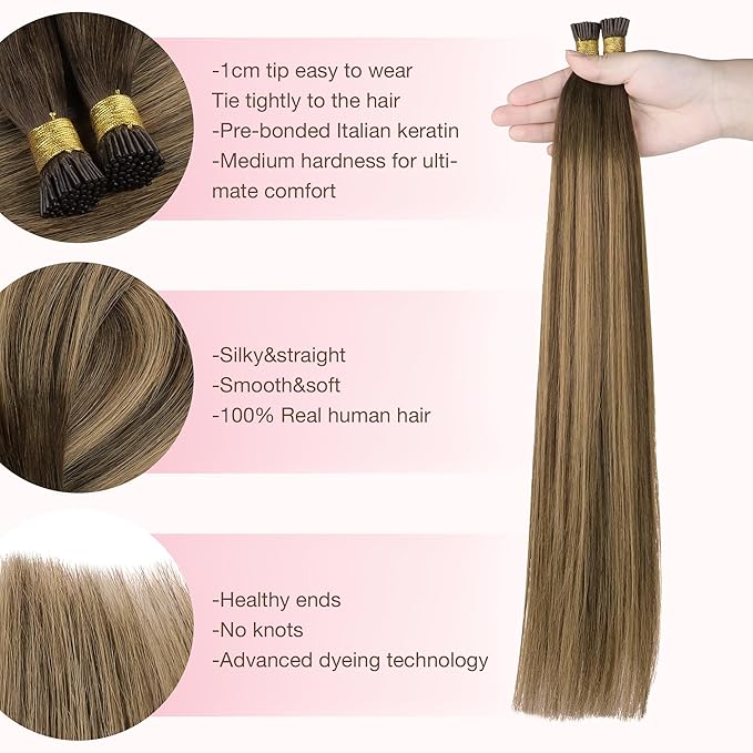 GOO GOO I Tip Hair Extensions Real Human Hair, 14inch 50g 100S, Invisible Remy Cold Fusion I Tip Hair Extensions, 4/27/4 Balayage Chocolate Brown to Caramel Blonde