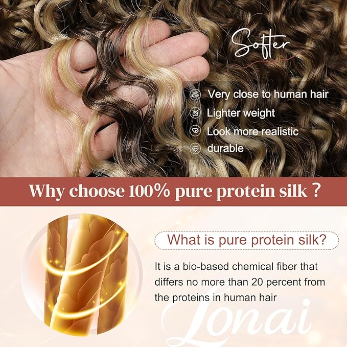 LONAI 4PC Clip in Hair Extensions, 100％ Pure Protein Silk Curly Hair Extension for Women, 26 Inch Long Soft Natural Hair Extensions-Medium Brown Ash Blonde Highlight