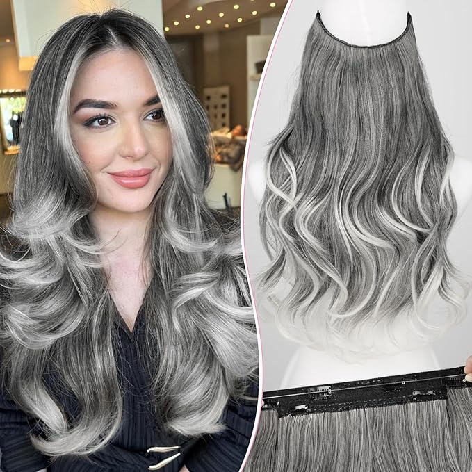 Invisible Wire Hair Extensions with Transparent Wire Adjustable Size 4 Secure Clips Long Wavy Secret Hairpiece 20 Inch for Women(OMber Grey)
